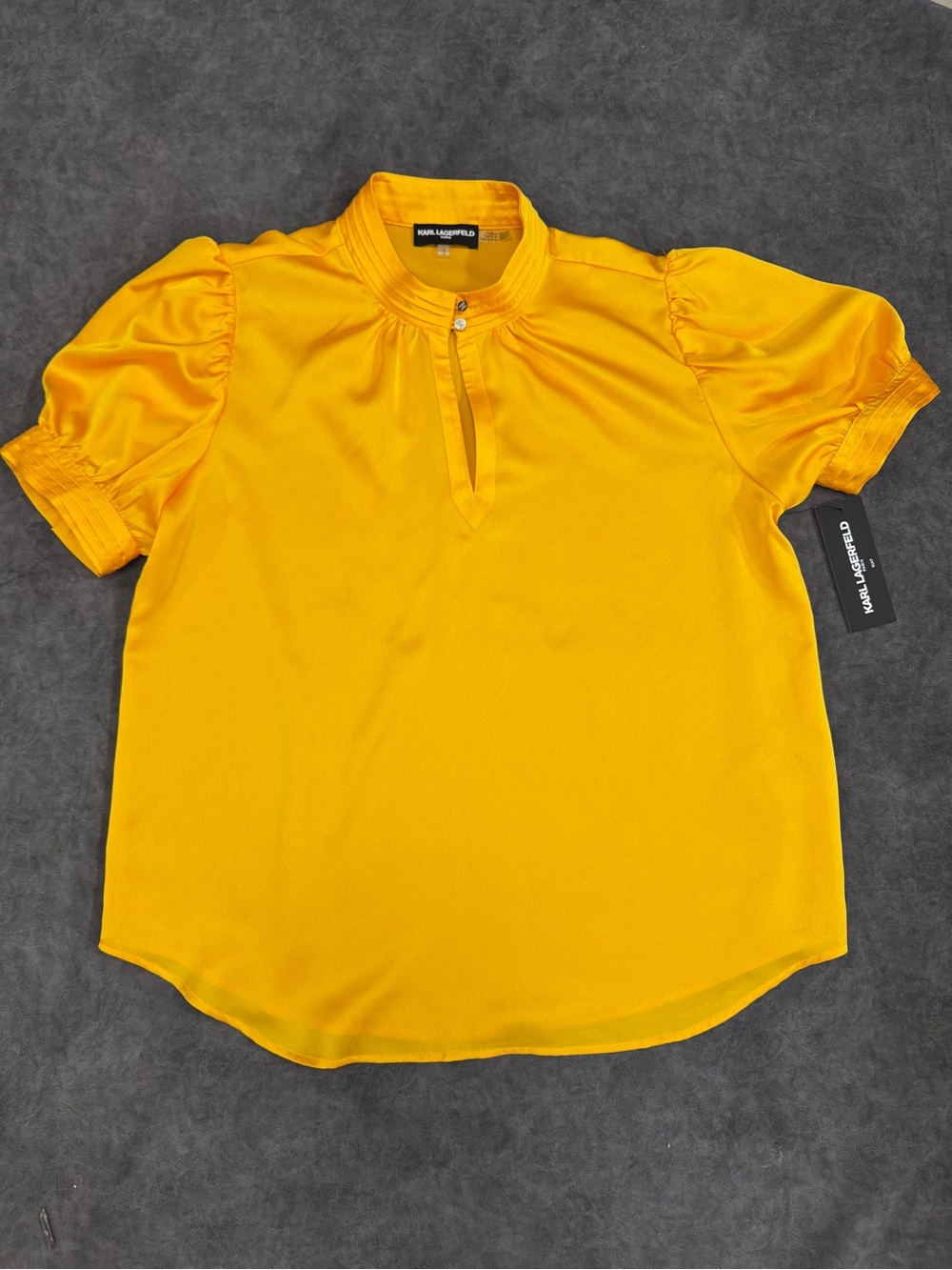 Women KARL LAGERFELD PARIS Mustard Marigold Yellow Suit Shirt puff sleeves Large